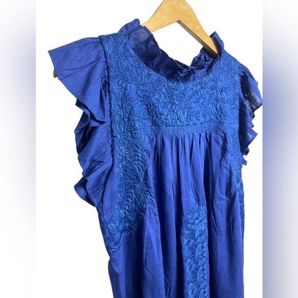J. Marie Woven Embroidered Cap Sleeve Ruffled Trim Blue Top NWOT XS - Picture 6 of 8